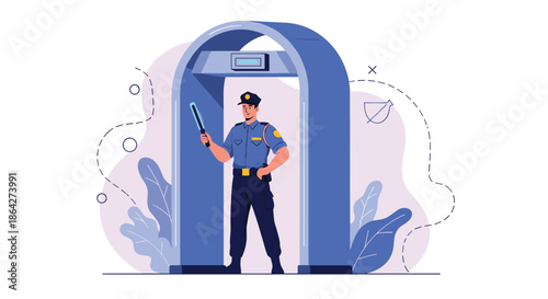 Professional security guard in uniform holding a scanning wand while standing under a blue airport security metal detector arch.