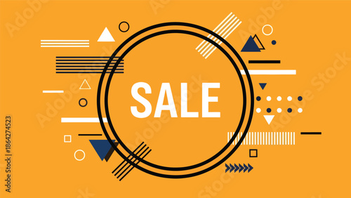 SALE vector illustration with bold central typography inside circular frame and decorative abstract elements, flat design suitable for digital ads, posters, and retail promotions