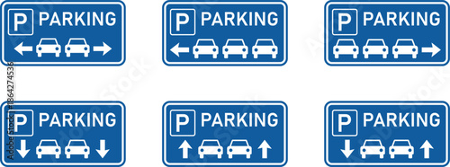 Blue parking signs with white text and car icons indicating direction vector
