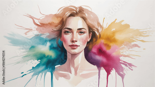 Woman with colorful paint splashes around her face and hair