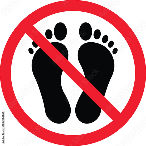 Red prohibition circle with black footprints inside no walking sign no bare feet