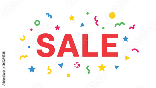 SALE vector illustration with bold centered typography surrounded by festive abstract shapes, flat design perfect for promotional ads, banners, and online shopping events