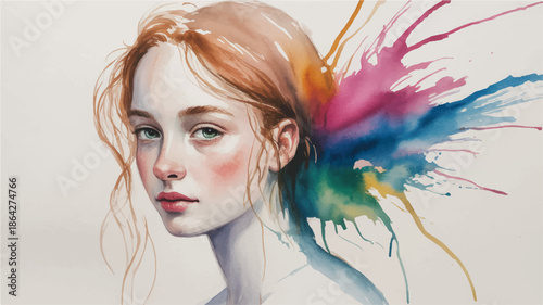 Woman with colorful paint splashes on her hair and shoulder portrait