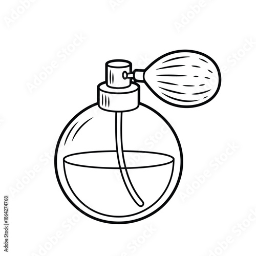 Black and white line art drawing of a vintage perfume bottle with a classic squeeze bulb atomizer pump.