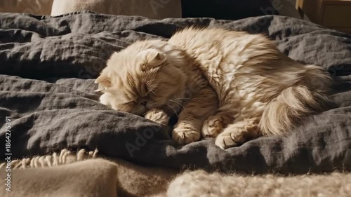Cozy Morning Scene Featuring a Sleeping Persian Cat on a Bed with Knitted Blankets