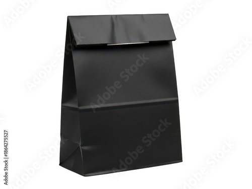 Standing black paper bag with folded top isolated on transparent background