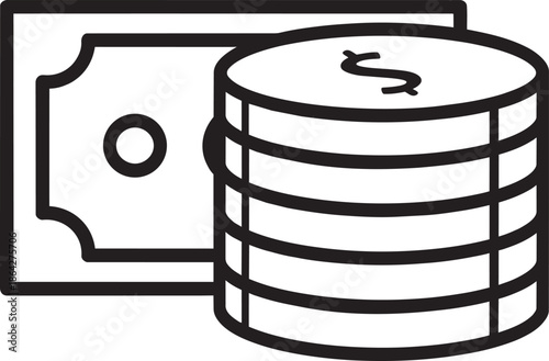 Money icon with stack of coins and cash banknote, financial savings investment and wealth vector