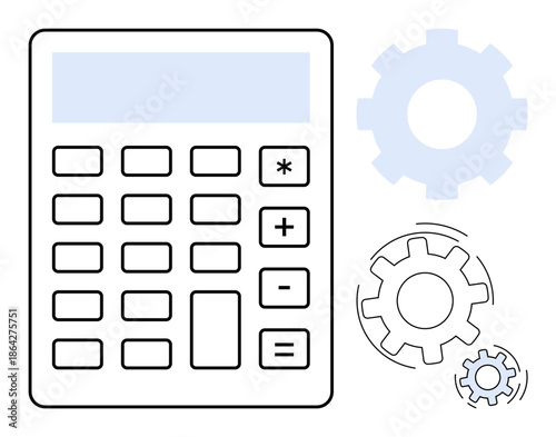 Automation, business efficiency, data analysis, financial management, math operations, process engineering. Calculator with mathematical keys beside rotating gear icons. Automation and business