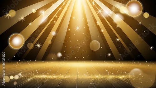 Luxurious Golden Stage Background with Bright Spotlights and Glittering Sparkles