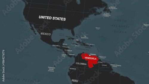 World map segment highlighting the Venezuela, marked in contrasting colors to represent rising military conflict, geopolitical tension, international relations, defense issues, crisis in Caracas