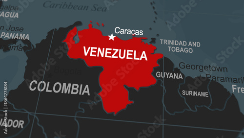 World map segment highlighting the Venezuela, marked in contrasting colors to represent rising military conflict, geopolitical tension, international relations, defense issues, crisis in Caracas