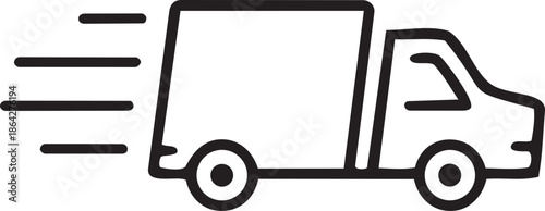Fast delivery truck icon for logistics and express shipping services, black and white line art vector