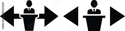Two speakers at podiums with arrows indicating opposing directions or choices