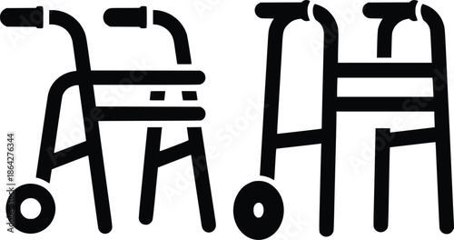 Two different walker designs, one with wheels and one without, illustrating mobility aids.