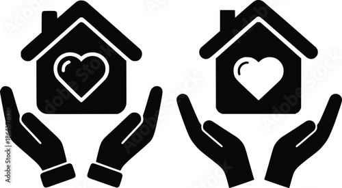 Hands gently supporting houses with hearts, symbolizing care and protection