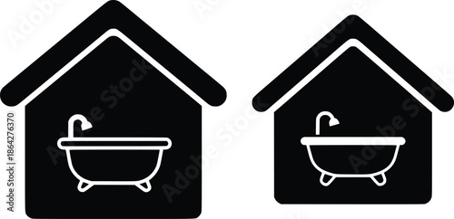 Two stylized houses with bathtubs inside, symbolizing home and comfort