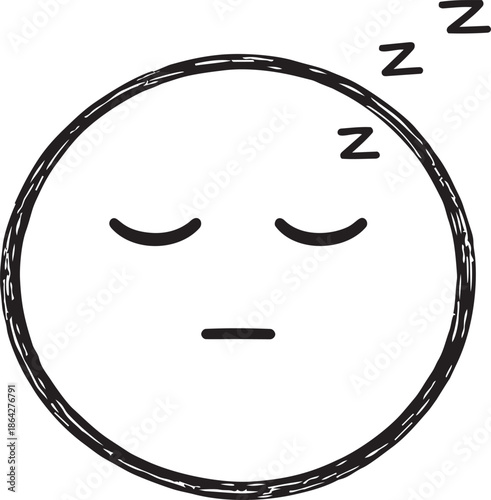 Sleeping Face Emoticon with Zzz Symbols, Hand Drawn Black and White Sketch of a Tired Snoring Smiley