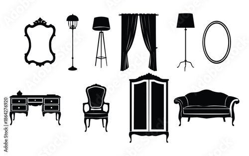 Vintage furniture silhouettes set including sofa chair lamp mirror curtain icons