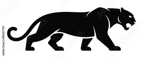 A stylized black panther is depicted in a walking pose against a white background.
