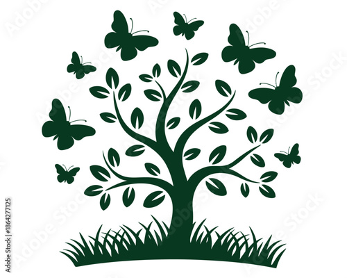 A silhouetted tree with blooming leaves and fluttering butterflies against a white background.