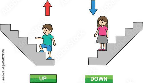 Children on stairs, boy going up, girl going down, directional arrows, up and down concept, learning movement, vector illustration, education