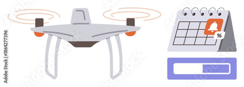 quadcopter delivery, logistics planning, future automation, smart scheduling, task management, digital notifications. Quadcopter flying next to a calendar with alert. Drone delivery and logistics