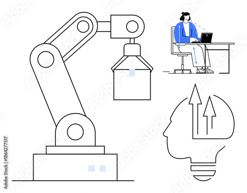 Artificial intelligence concept. Artificial intelligence demonstrated by robotic arm, innovative human thinking, and technology integration. Artificial intelligence revolutionizes industries