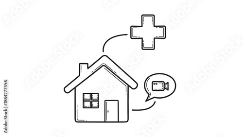 Conceptual sketch of home healthcare services featuring remote medical assistance and virtual video consultations