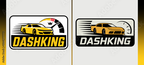 Dashking yellow sports car speedometer crest logos with crown and motion streaks; bold street‑racing badge set for teams, events, decals and apparel branding