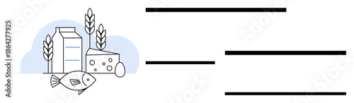 Milk carton, cheese, egg, fish, and grains in flat minimalist composition. Ideal for nutrition, diet, wellness grocery organic food agriculture culinary and health-related concepts. Simple flat