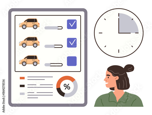 Travel planning, time management, car rental services, online booking, decision-making, customer satisfaction. Checklist with cars and sliders, clock and a person. Travel planning and time