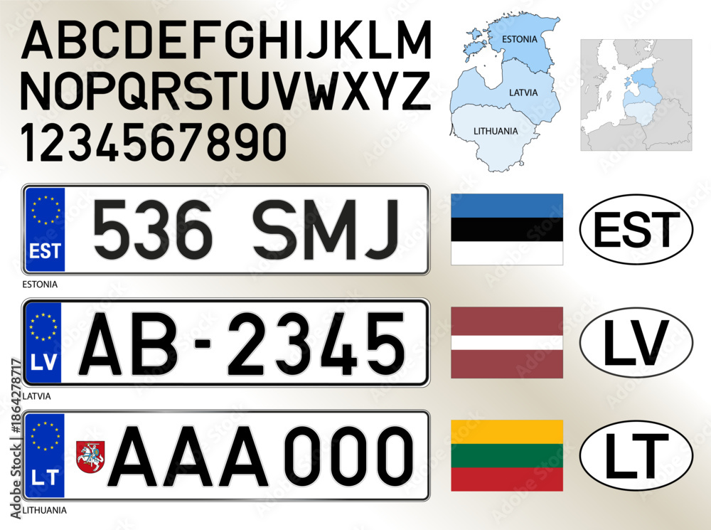Obraz premium Lithuania, Estonia, Latvia car license plate pattern, baltic states, letters, numbers and symbols, vector illustration, European Union