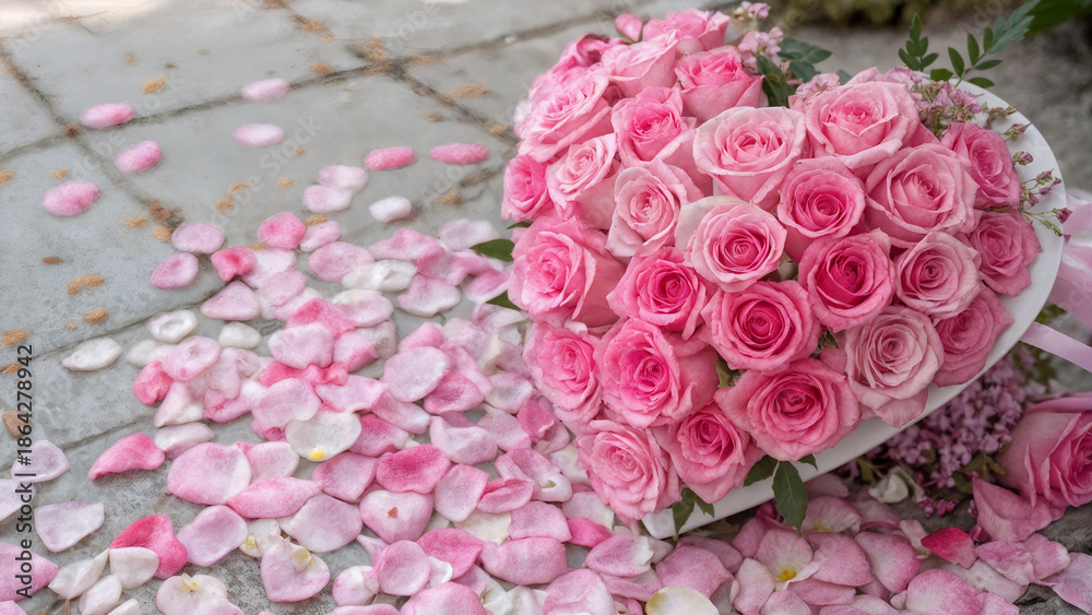 Obraz premium A bouquet of pink roses in the shape of a heart with rose petals