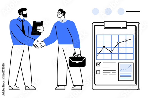 Business strategy, teamwork, financial growth, partnership, project management, data analysis. Two professionals shaking hands, clipboard with graphs. Business strategy and financial growth concept