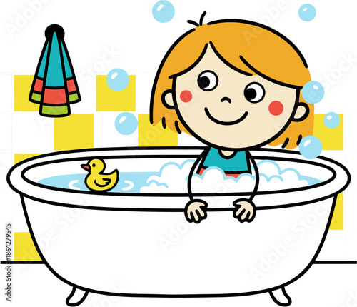 Ginger girl takes bath, kids hygiene rules, vector illustration isolated on transparent background