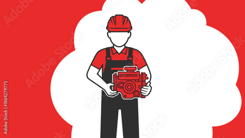 Mechanic Holding Red Engine Part with Safety Helmet.