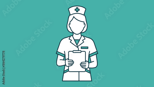 Illustration of a nurse holding a clipboard in a professional setting.