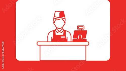 Cashier Standing Behind Counter with Cash Register.