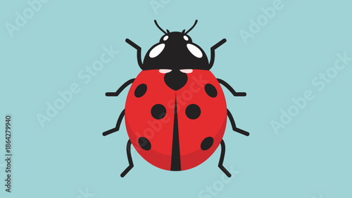 A bright red ladybug with black spots on a light blue background.