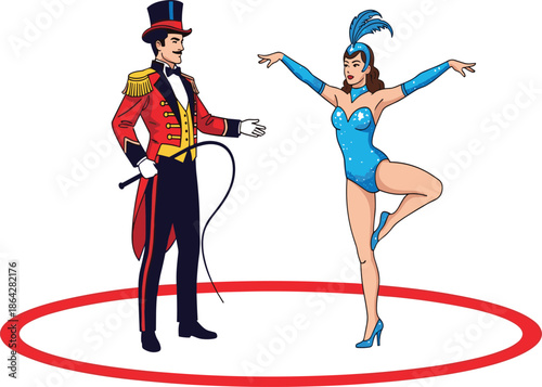 Circus ring performance, ringmaster with whip, female dancer in blue costume, acrobatic pose, showtime, entertainment, spotlight, feathers, dramatic scene