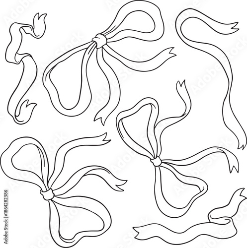 Set of hand-drawn vector ribbon bows and flowing streamers in delicate line art. Perfect for wedding designs, feminine branding, and elegant decor. Minimalist sketchy doodle elements.