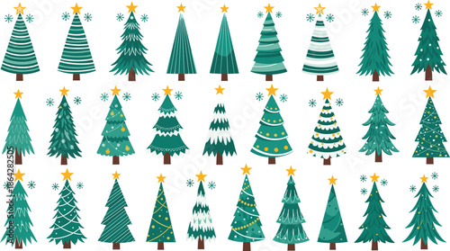 Christmas tree illustration set, festive holiday design, decorative pine trees, seasonal vector art, ornamented trees, winter celebration clipart