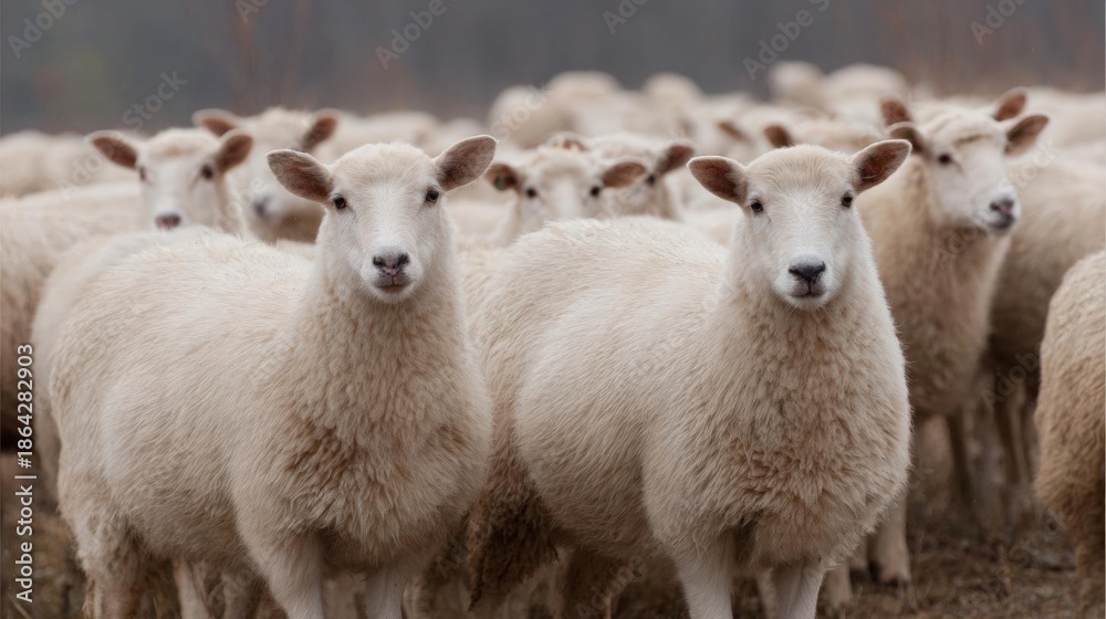 Obraz premium Group of white sheep standing in a field. the sheep are facing the camera and appear to be looking directly at the camera.