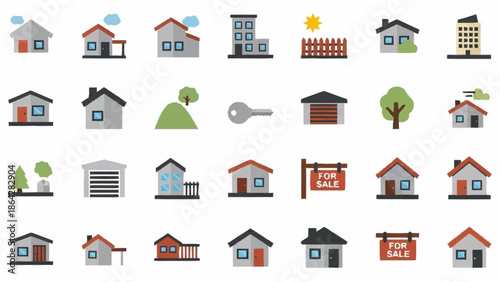 Collection of various house and building icons in different styles.