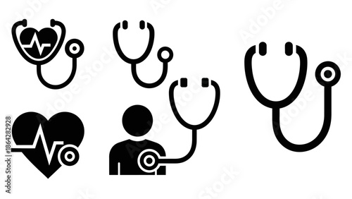 Set of solid black pictograms featuring stethoscopes combined with heart monitor pulse line and physician examining patient figure