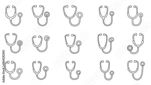 Fifteen minimalist outline graphics depicting different configurations and perspectives of stethoscopes for medical listening and sound observation
