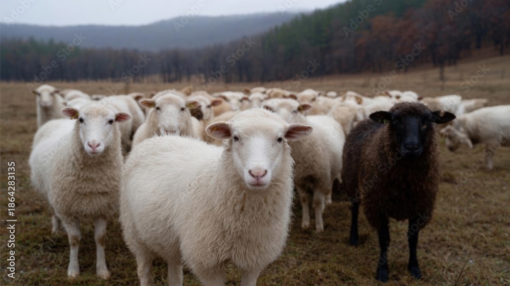 Obraz premium Group of sheep standing in a field. there are around 20 sheep in total, with some standing close together and others facing the camera.