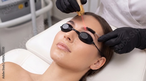 A woman undergoing laser hair removal treatment on her eyebrow in a medical spa