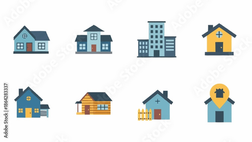 Collection of colorful house and building icons in various styles.