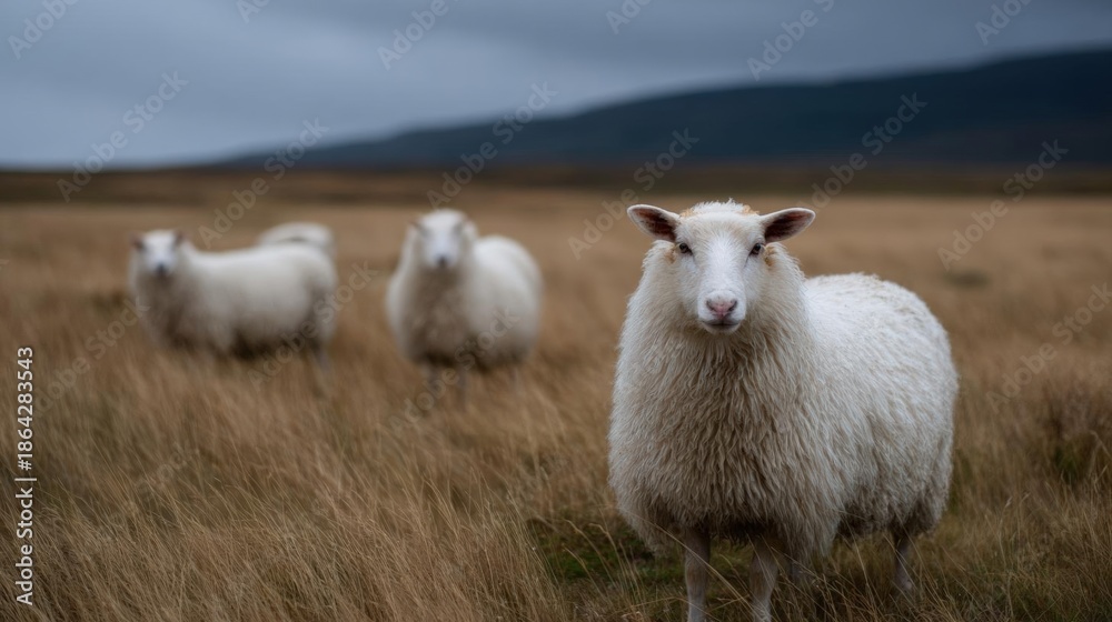 Fototapeta premium Three white sheep standing in a field of tall, dry grass. the sheep are facing the camera and appear to be looking directly at the camera. in the background, there are mountains and a cloudy sky.